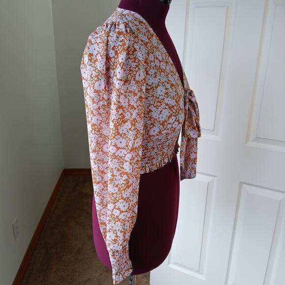 Forever 21 Sheer Floral Crop Top S orange purple festival smocked long sleeves - Picture 6 of 16